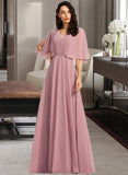 Alejandra A-Line V-neck Floor-Length Bridesmaid Dress With Ruffle STAP0013214