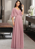 Alejandra A-Line V-neck Floor-Length Bridesmaid Dress With Ruffle STAP0013214