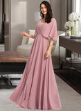 Alejandra A-Line V-neck Floor-Length Bridesmaid Dress With Ruffle STAP0013214