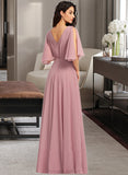 Alejandra A-Line V-neck Floor-Length Bridesmaid Dress With Ruffle STAP0013214