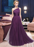 Audrey A-Line One-Shoulder Floor-Length Tulle Bridesmaid Dress With Ruffle STAP0013216