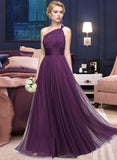 Audrey A-Line One-Shoulder Floor-Length Tulle Bridesmaid Dress With Ruffle STAP0013216