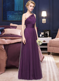 Audrey A-Line One-Shoulder Floor-Length Tulle Bridesmaid Dress With Ruffle STAP0013216