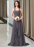 Lori A-Line Halter Sweep Train Chiffon Bridesmaid Dress With Bow(s) Cascading Ruffles STAP0013217