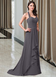 Lori A-Line Halter Sweep Train Chiffon Bridesmaid Dress With Bow(s) Cascading Ruffles STAP0013217