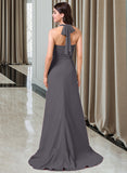 Lori A-Line Halter Sweep Train Chiffon Bridesmaid Dress With Bow(s) Cascading Ruffles STAP0013217