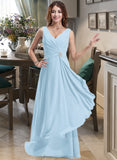 Violet Chiffon V-neck Floor-length A-Line Bridesmaid Dress With Crystal Brooch And Cascading Ruffles STAP0013219