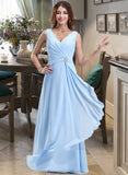 Violet Chiffon V-neck Floor-length A-Line Bridesmaid Dress With Crystal Brooch And Cascading Ruffles STAP0013219