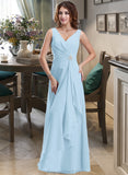 Violet Chiffon V-neck Floor-length A-Line Bridesmaid Dress With Crystal Brooch And Cascading Ruffles STAP0013219