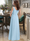 Violet Chiffon V-neck Floor-length A-Line Bridesmaid Dress With Crystal Brooch And Cascading Ruffles STAP0013219