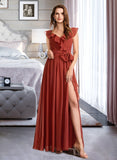 Rosalie A-Line V-neck Floor-Length Bridesmaid Dress With Ruffle STAP0013221