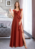 Rosalie A-Line V-neck Floor-Length Bridesmaid Dress With Ruffle STAP0013221