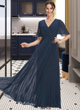 Kayla A-Line V-neck Floor-Length Bridesmaid Dress With Ruffle STAP0013223