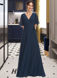 Kayla A-Line V-neck Floor-Length Bridesmaid Dress With Ruffle STAP0013223