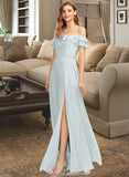 Mariela A-Line Off-the-Shoulder Floor-Length Chiffon Bridesmaid Dress With Beading Split Front Cascading Ruffles STAP0013226