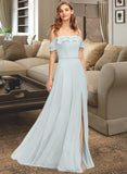 Mariela A-Line Off-the-Shoulder Floor-Length Chiffon Bridesmaid Dress With Beading Split Front Cascading Ruffles STAP0013226