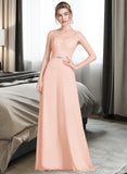 Yaretzi A-Line Scoop Neck Floor-Length Chiffon Lace Bridesmaid Dress With Beading Bow(s) STAP0013229