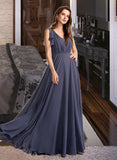 Dana A-Line V-neck Floor-Length Bridesmaid Dress With Ruffle STAP0013230