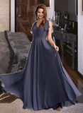 Dana A-Line V-neck Floor-Length Bridesmaid Dress With Ruffle STAP0013230