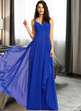 Kinley A-Line V-neck Floor-Length Bridesmaid Dress With Ruffle STAP0013233