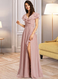 Payten A-Line V-neck Floor-Length Bridesmaid Dress With Ruffle Split Front STAP0013234