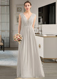 Miracle A-Line V-neck Floor-Length Chiffon Lace Bridesmaid Dress With Ruffle STAP0013238