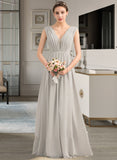 Miracle A-Line V-neck Floor-Length Chiffon Lace Bridesmaid Dress With Ruffle STAP0013238