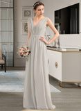 Miracle A-Line V-neck Floor-Length Chiffon Lace Bridesmaid Dress With Ruffle STAP0013238