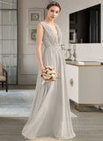 Miracle A-Line V-neck Floor-Length Chiffon Lace Bridesmaid Dress With Ruffle STAP0013238