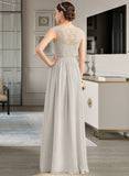 Miracle A-Line V-neck Floor-Length Chiffon Lace Bridesmaid Dress With Ruffle STAP0013238