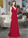 Leslie A-line V-Neck Floor-Length Chiffon Bridesmaid Dress With Ruffle STAP0013240