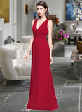 Leslie A-line V-Neck Floor-Length Chiffon Bridesmaid Dress With Ruffle STAP0013240