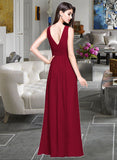 Leslie A-line V-Neck Floor-Length Chiffon Bridesmaid Dress With Ruffle STAP0013240