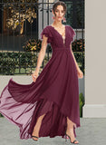 Wendy A-Line V-neck Asymmetrical Bridesmaid Dress With Lace Cascading Ruffles STAP0013243