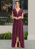 Wendy A-Line V-neck Asymmetrical Bridesmaid Dress With Lace Cascading Ruffles STAP0013243