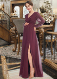 Vanessa A-Line V-neck Floor-Length Bridesmaid Dress With Split Front STAP0013244