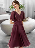 Teresa A-Line V-neck Knee-Length Chiffon Lace Bridesmaid Dress With Sequins STAP0013246