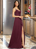 Jaylyn Sheath/Column V-neck Floor-Length Bridesmaid Dress With Ruffle Split Front STAP0013247