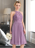 Elvira A-Line Scoop Neck Knee-Length Chiffon Lace Bridesmaid Dress STAP0013250