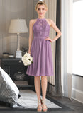 Elvira A-Line Scoop Neck Knee-Length Chiffon Lace Bridesmaid Dress STAP0013250