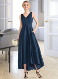 Genesis Ball-Gown/Princess V-neck Asymmetrical Satin Bridesmaid Dress With Pockets STAP0013251