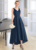 Genesis Ball-Gown/Princess V-neck Asymmetrical Satin Bridesmaid Dress With Pockets STAP0013251