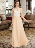 Gretchen A-Line Scoop Neck Floor-Length Chiffon Lace Bridesmaid Dress With Bow(s) STAP0013259