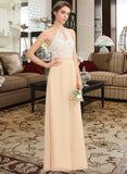 Gretchen A-Line Scoop Neck Floor-Length Chiffon Lace Bridesmaid Dress With Bow(s) STAP0013259