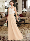 Gretchen A-Line Scoop Neck Floor-Length Chiffon Lace Bridesmaid Dress With Bow(s) STAP0013259