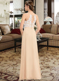 Gretchen A-Line Scoop Neck Floor-Length Chiffon Lace Bridesmaid Dress With Bow(s) STAP0013259