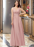 Mercedes A-Line V-neck Floor-Length Chiffon Bridesmaid Dress With Ruffle STAP0013266