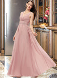 Mercedes A-Line V-neck Floor-Length Chiffon Bridesmaid Dress With Ruffle STAP0013266