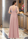 Mercedes A-Line V-neck Floor-Length Chiffon Bridesmaid Dress With Ruffle STAP0013266