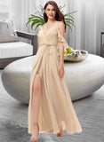 Mariela A-Line V-neck Floor-Length Chiffon Bridesmaid Dress With Ruffle Split Front STAP0013267